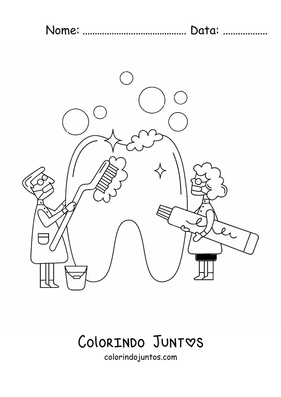 Desenho para colorir de dois dentistas limpando um dente gigante