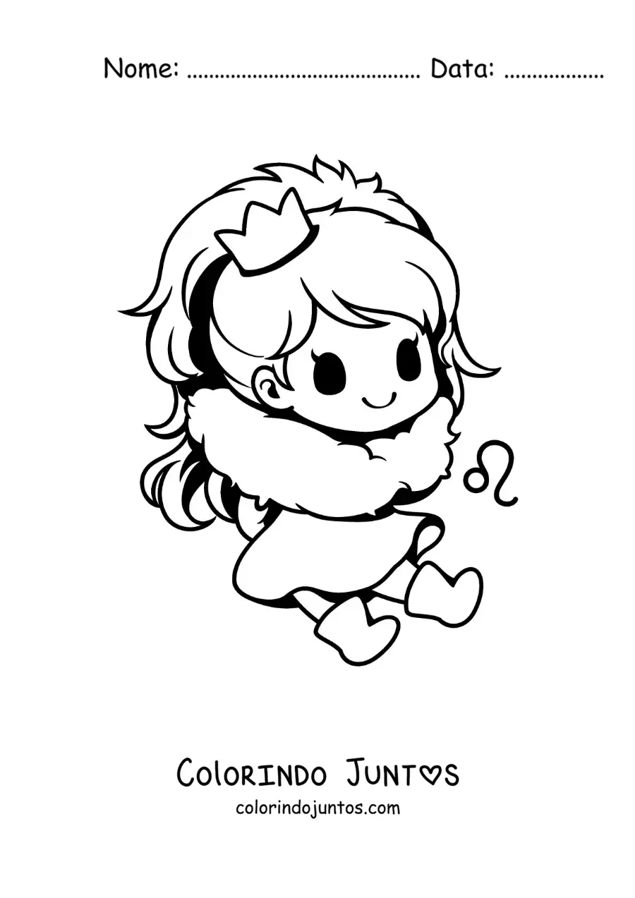 Desenho para colorir de menina do signo de Leão kawaii com seu símbolo