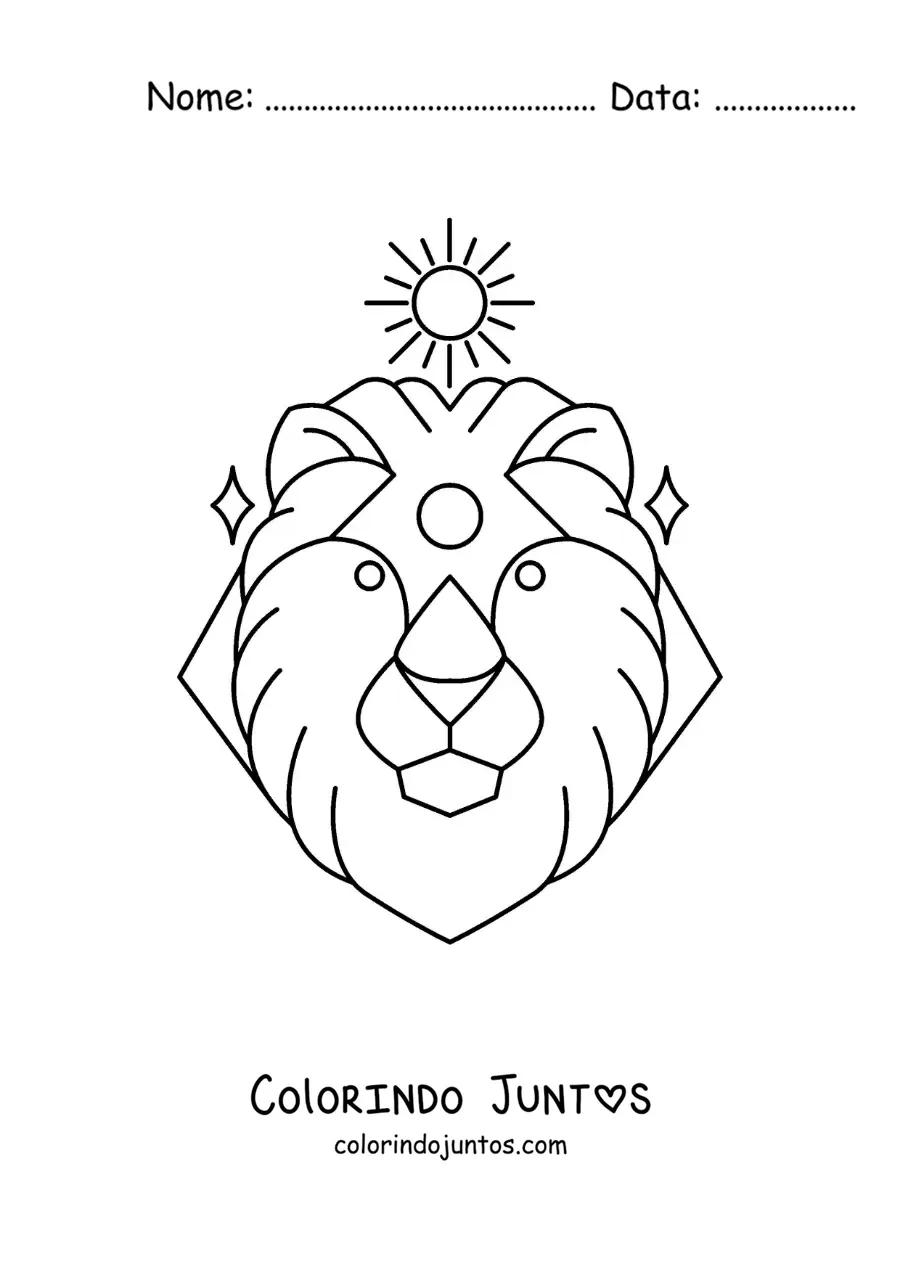 Desenho para colorir de leão do signo do zodíaco Leão com um sol