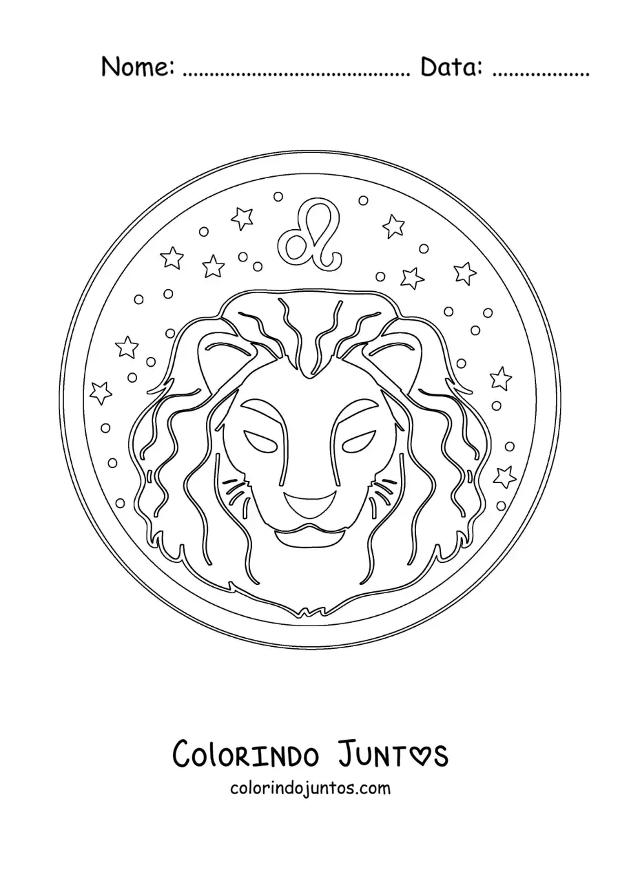Desenho para colorir de leão do signo do zodíaco Leão com seu símbolo e estrelas