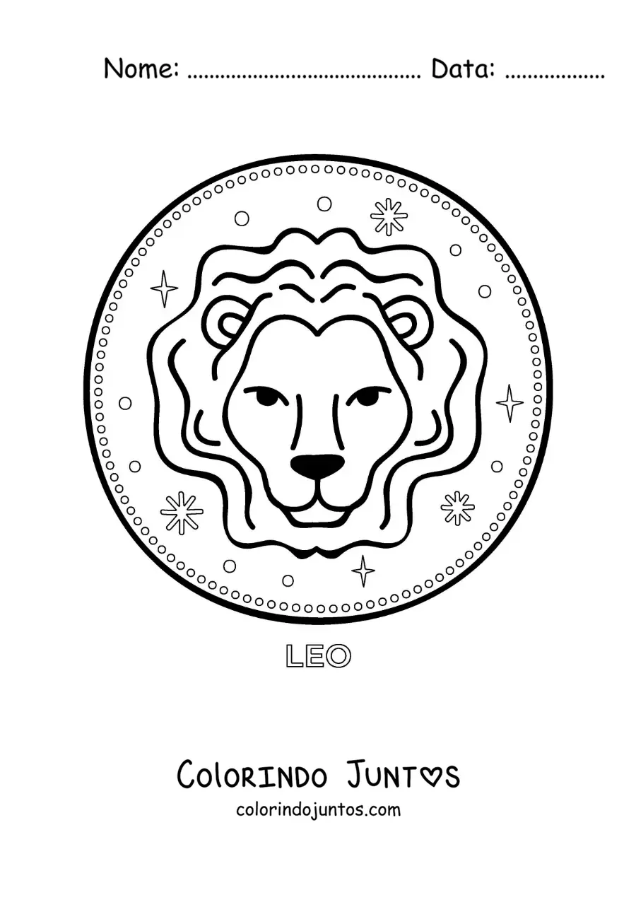 Desenho para colorir de leão de Leão animado com o nome do signo e estrelas