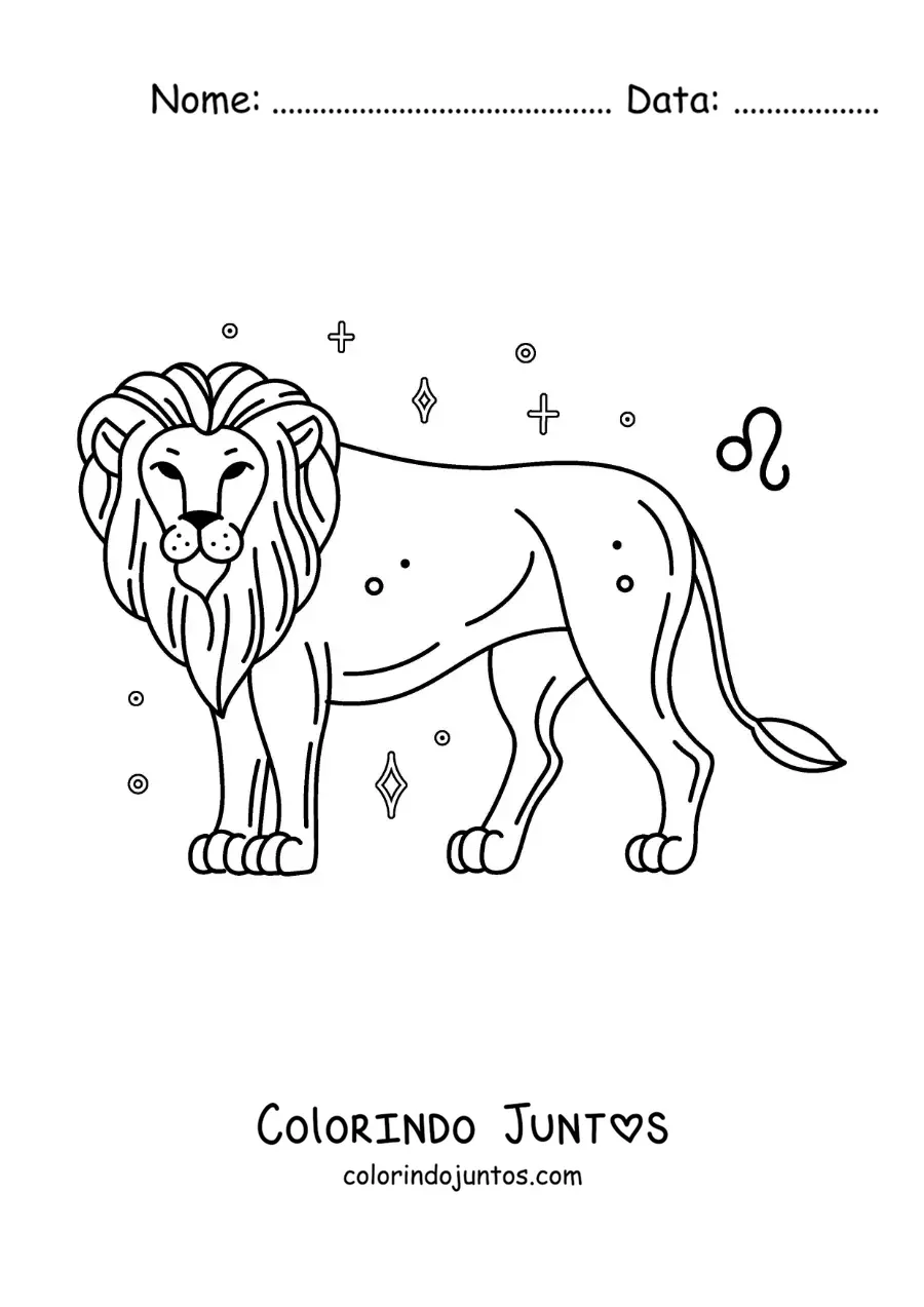 Desenho para colorir de leão do signo de Leão com seu símbolo e estrelas