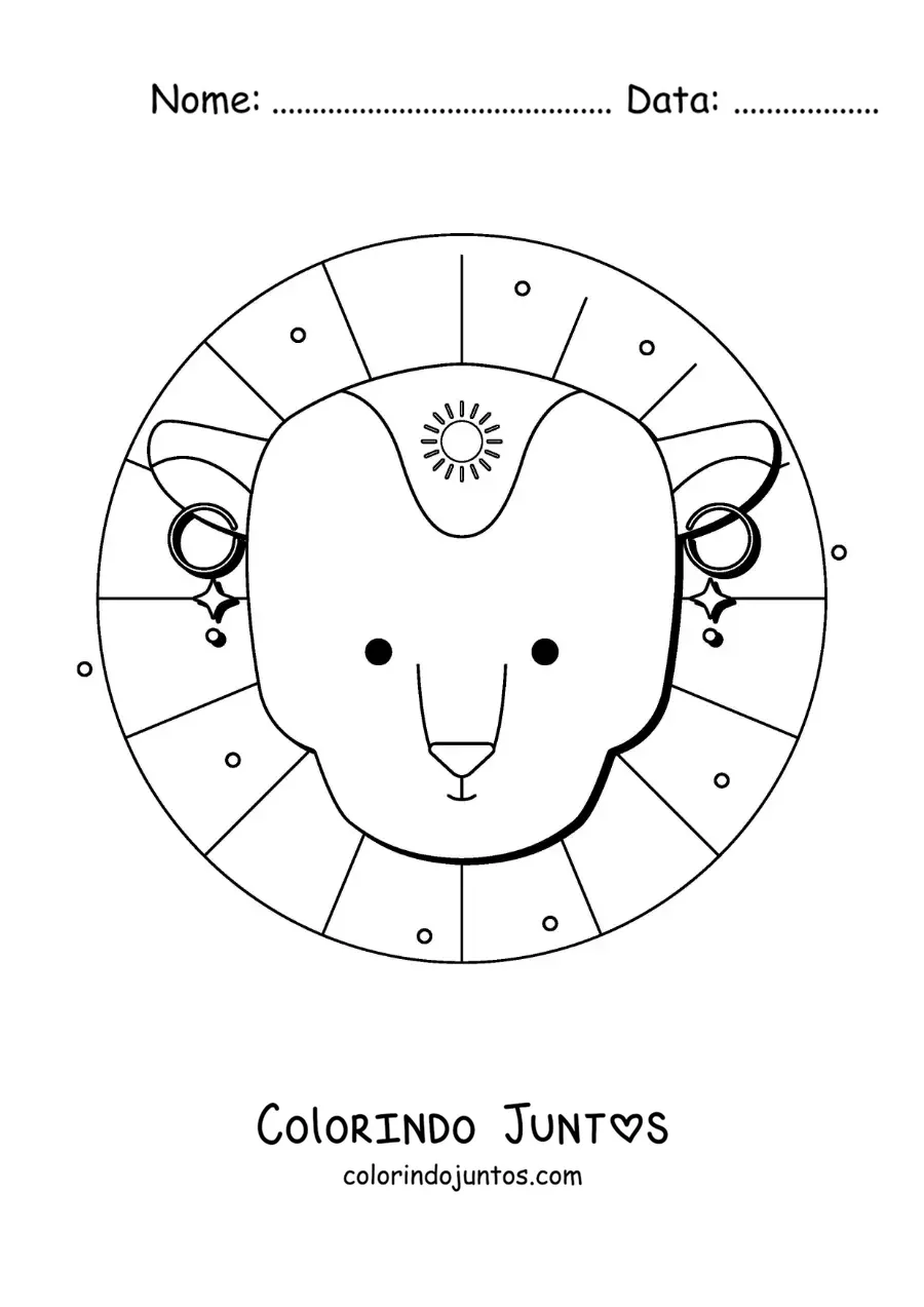 Desenho para colorir de cabeça do leão do signo de Leão animado com um sol