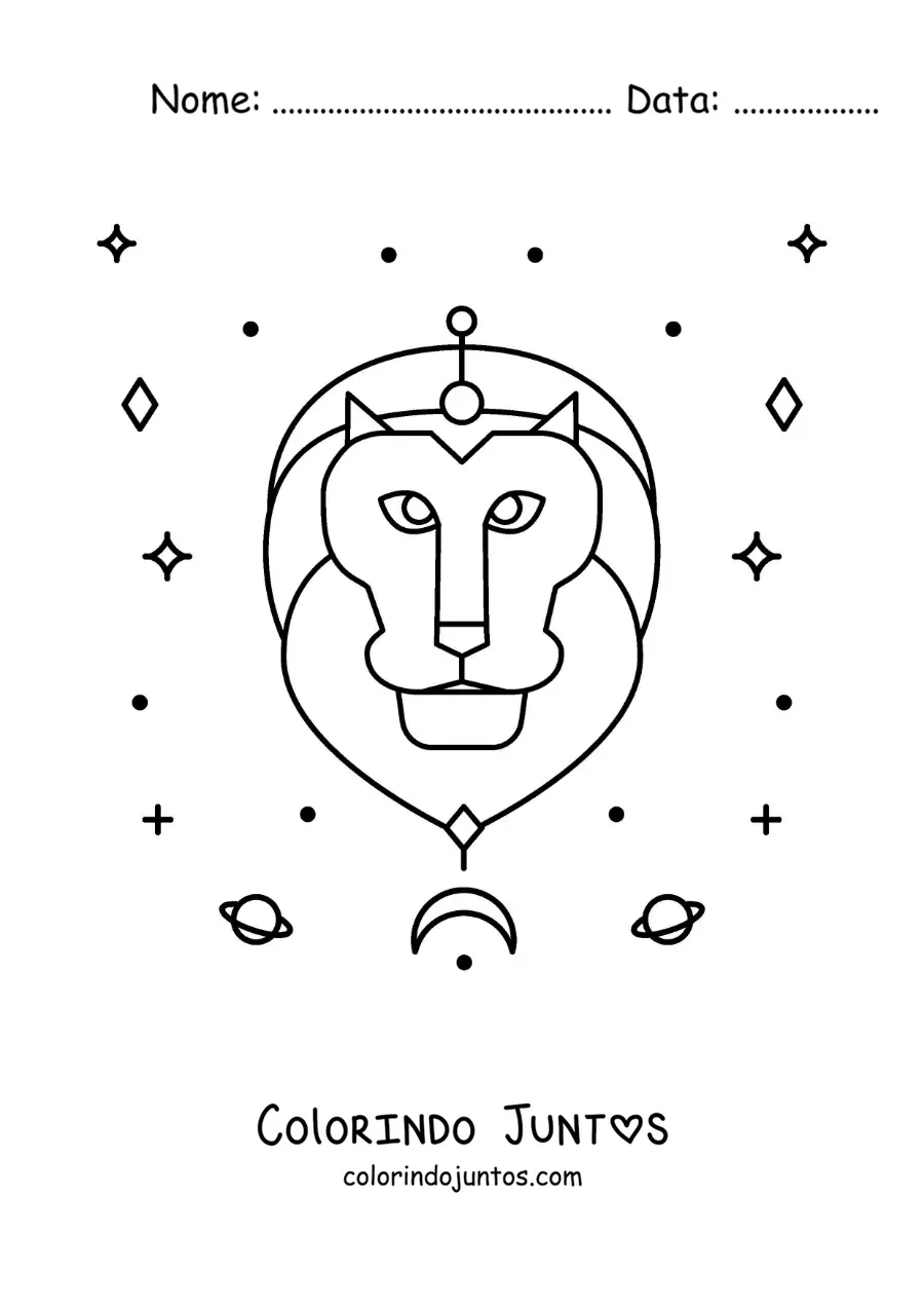 Desenho para colorir do leão do signo de Leão com estrelas e astros