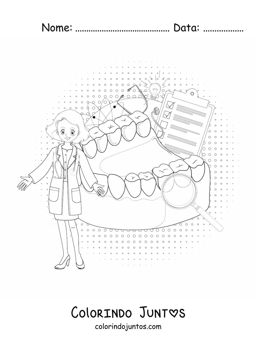 Desenho para colorir de uma dentista ao lado de itens de higiene bucal
