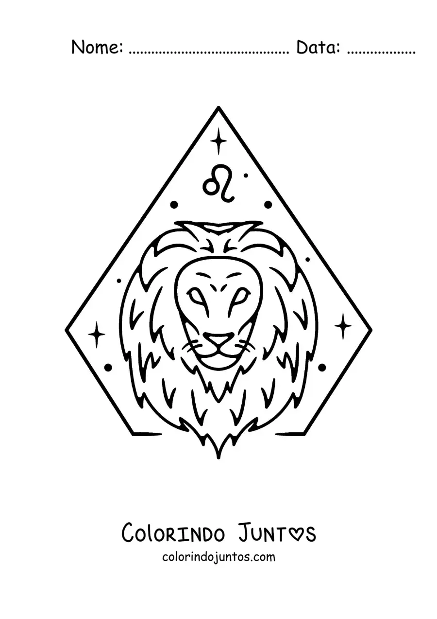 Desenho para colorir de leão do signo do zodíaco Leão fácil com seu símbolo e estrelas
