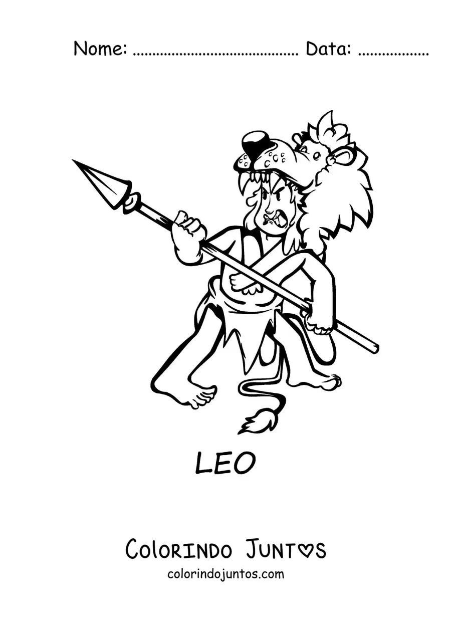 Desenho para colorir de caricatura de um homem das cavernas do signo de Leão