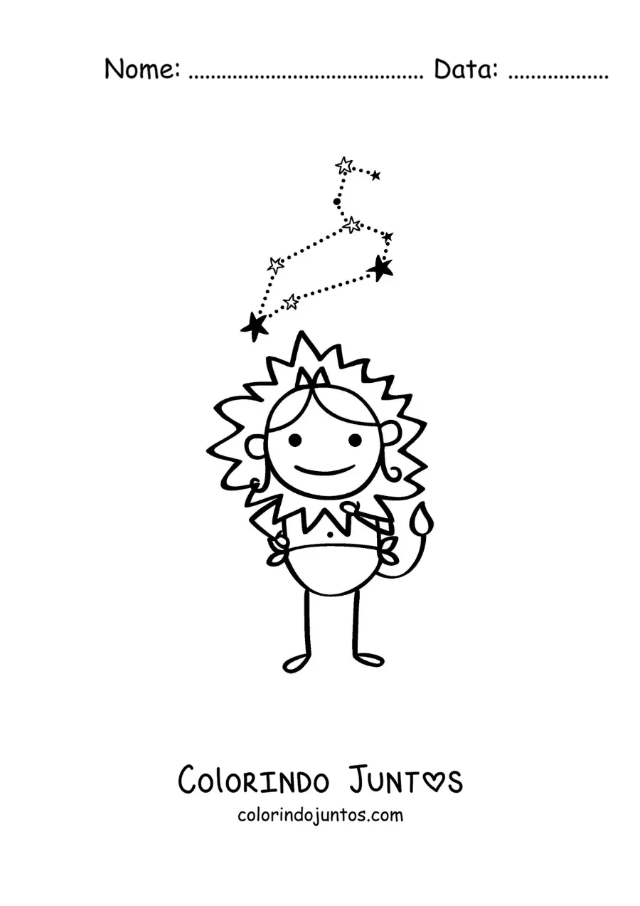 Desenho para colorir de caricatura de um personagem do signo de Leão com sua constelação