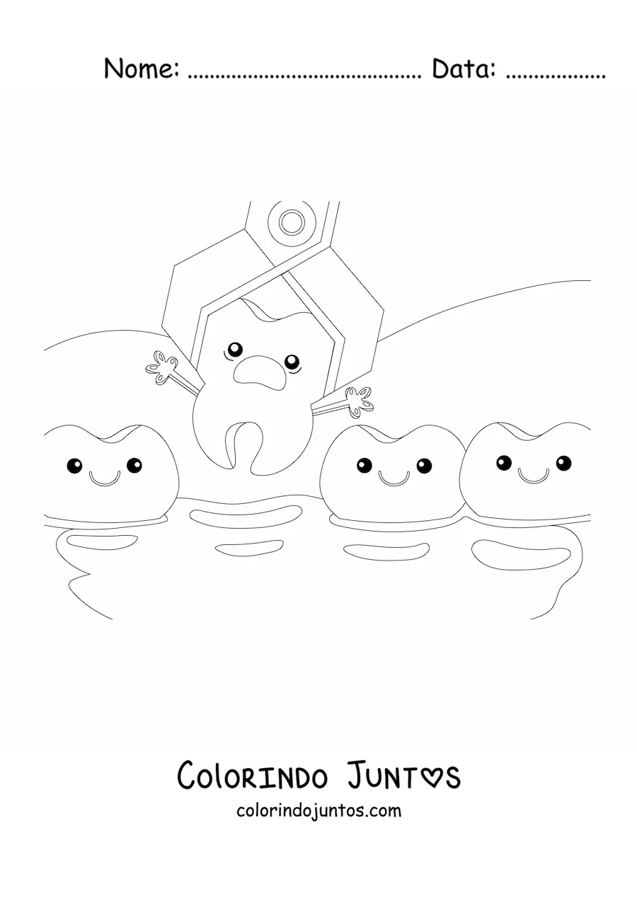 Desenho para colorir de um dente animado kawaii sendo extraído da dentadura
