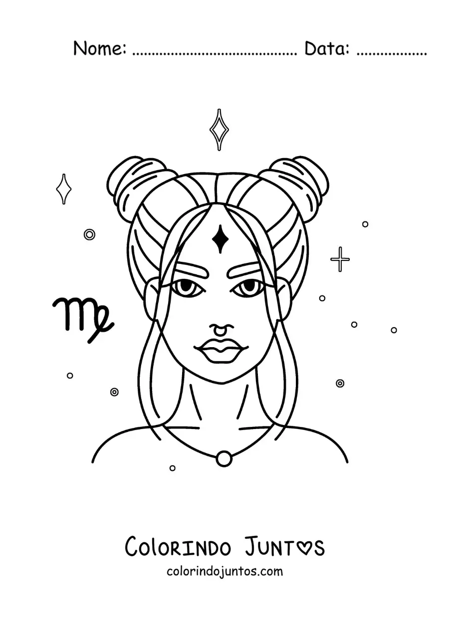 Desenho para colorir de mulher do signo de Virgem com estrelas e seu símbolo