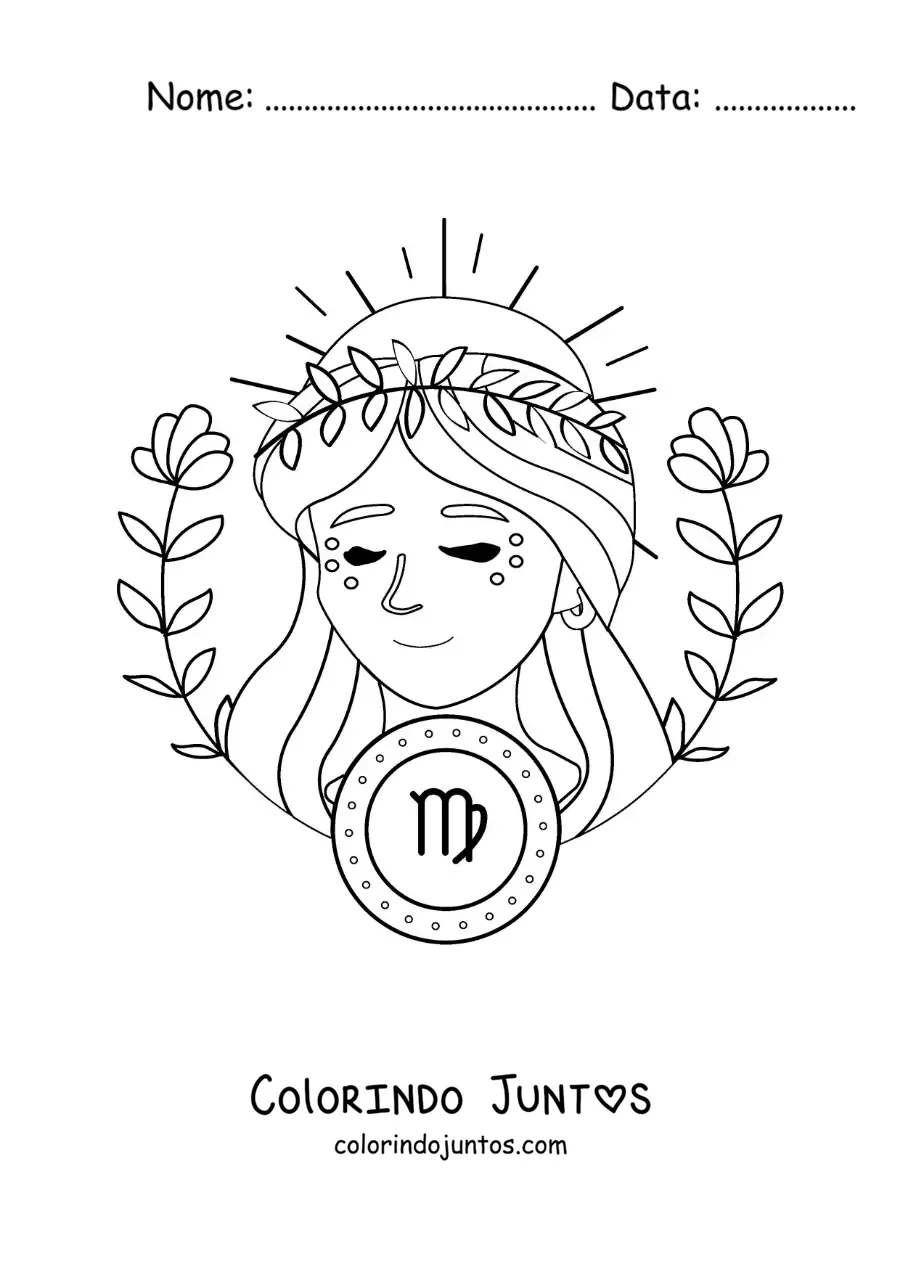 Desenho para colorir de linda deusa do signo de Virgem animada com seu símbolo e flores