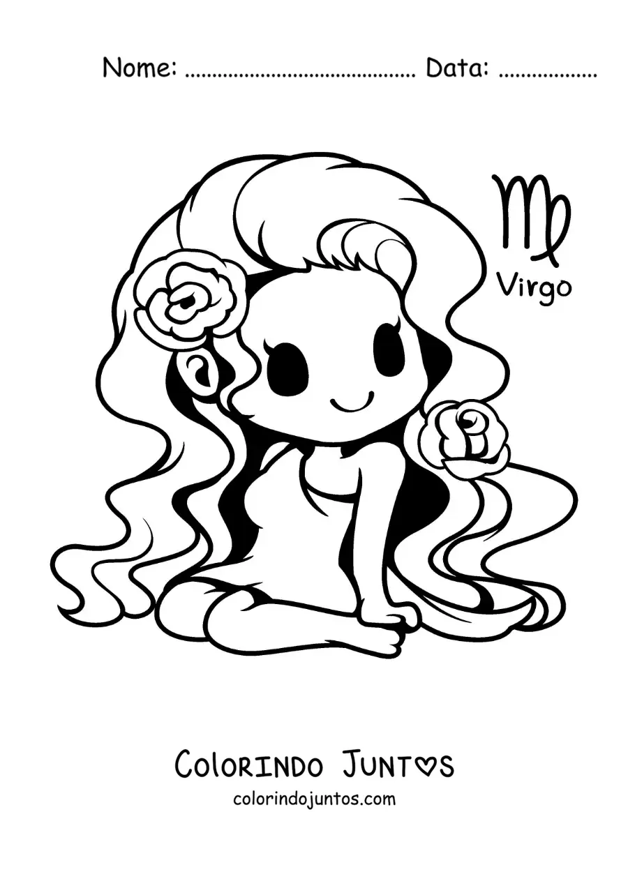 Desenho para colorir de menina kawaii do signo de Virgem com seu símbolo