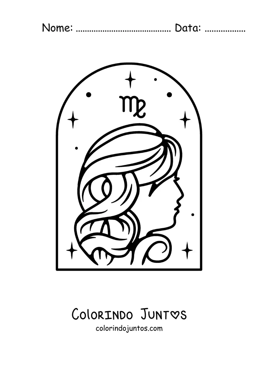 Desenho para colorir de menina do signo de Virgem com seu símbolo e estrelas