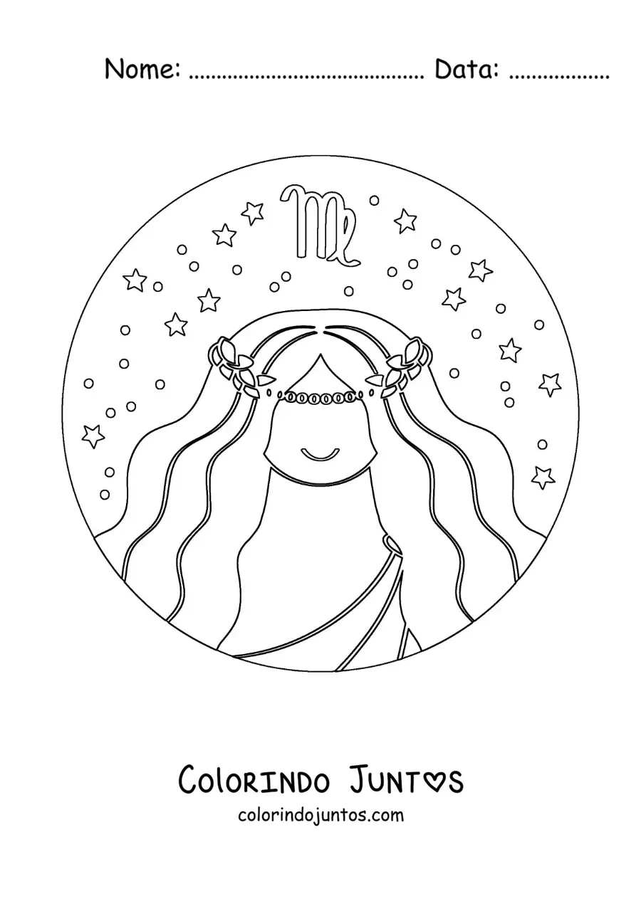 Desenho para colorir de mulher do signo de Virgem animada com estrelas