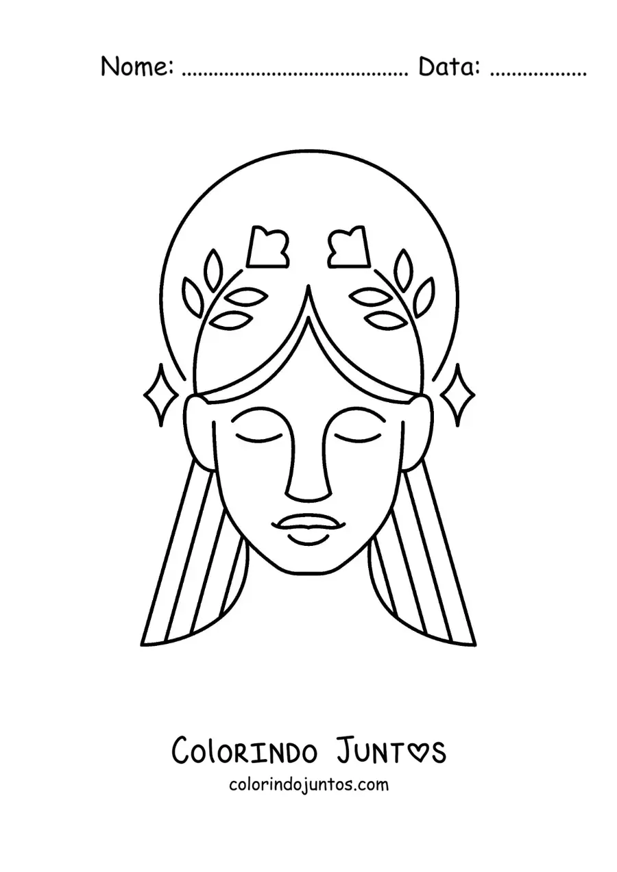 Desenho para colorir de mulher do signo de Virgem com uma coroa de flores
