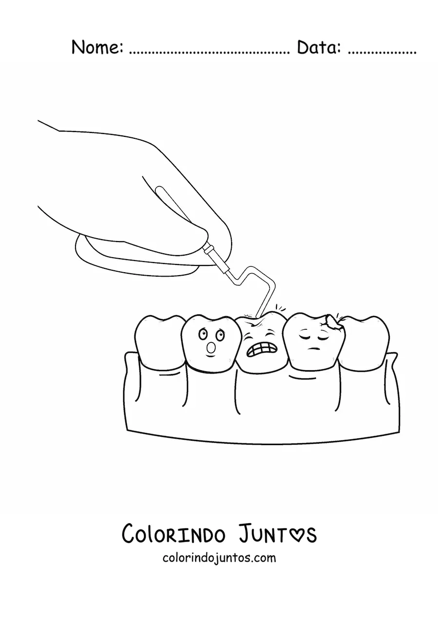 Desenho para colorir do tratamento de uma cárie animada