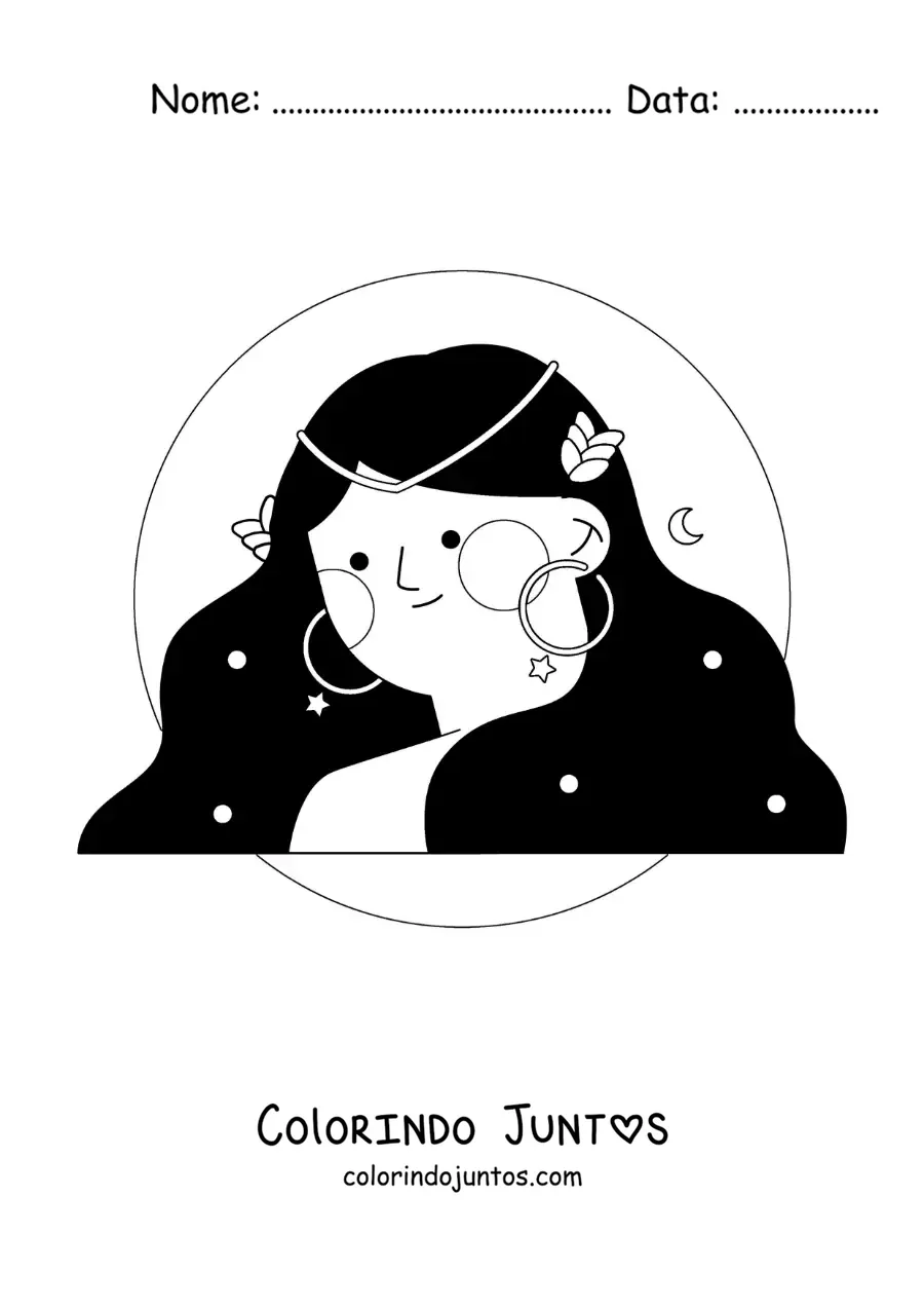Desenho para colorir de menina do signo do zodíaco Virgem com uma coroa de flores