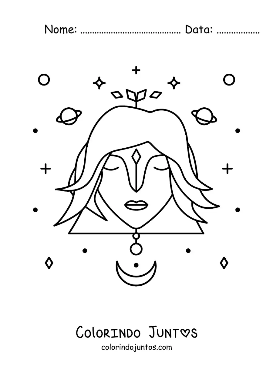 Desenho para colorir do signo de Virgem com estrelas e astros