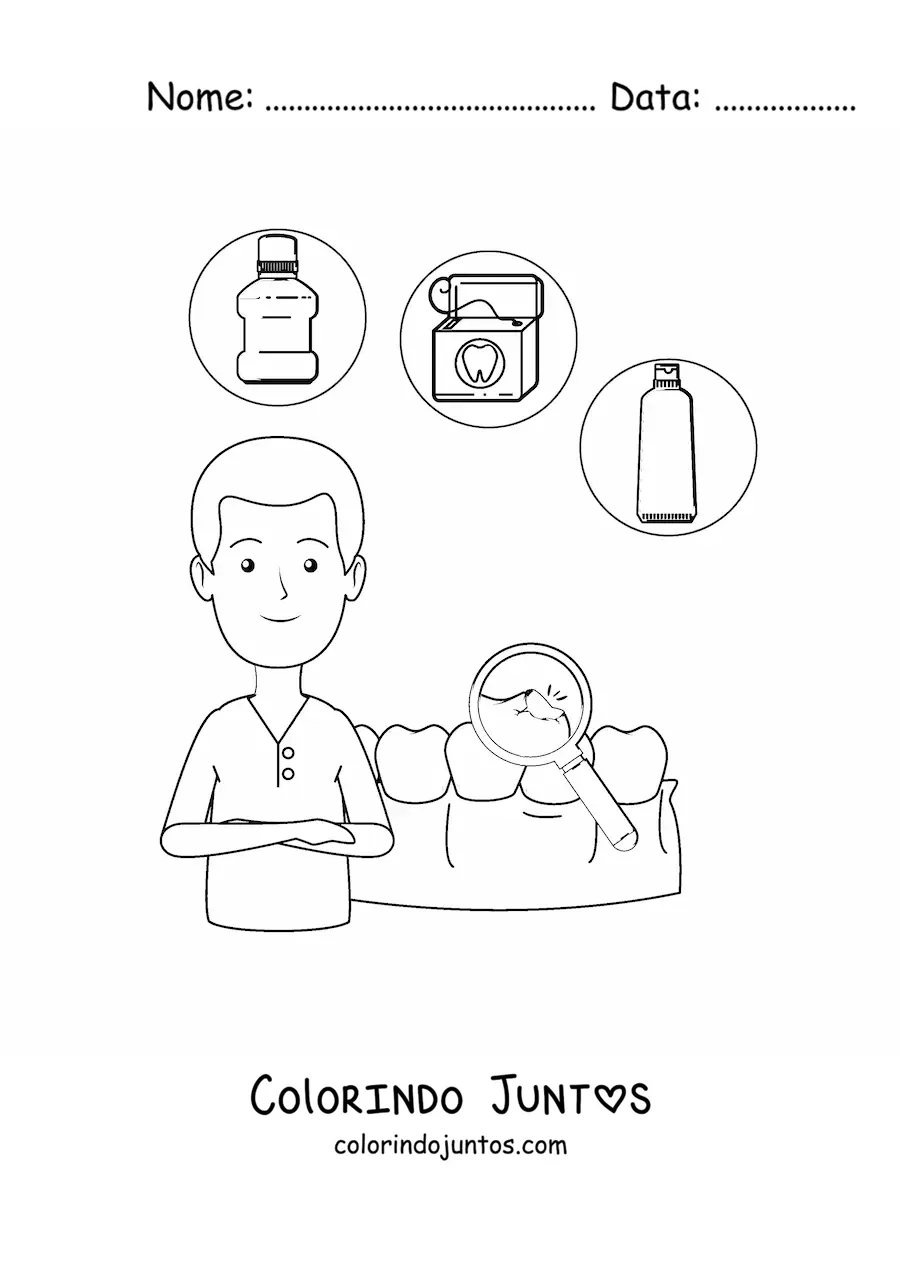Desenho para colorir de um dentista animado e uma cárie