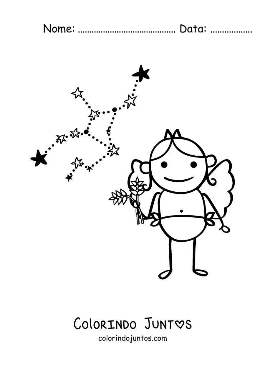 Desenho para colorir de caricatura de um personagem do signo de Virgem com sua constelação