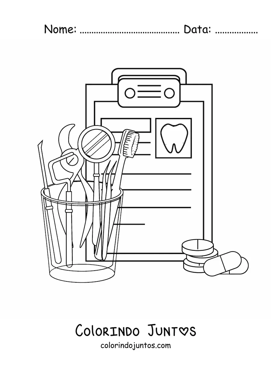 Desenho para colorir dos instrumentos do dentista