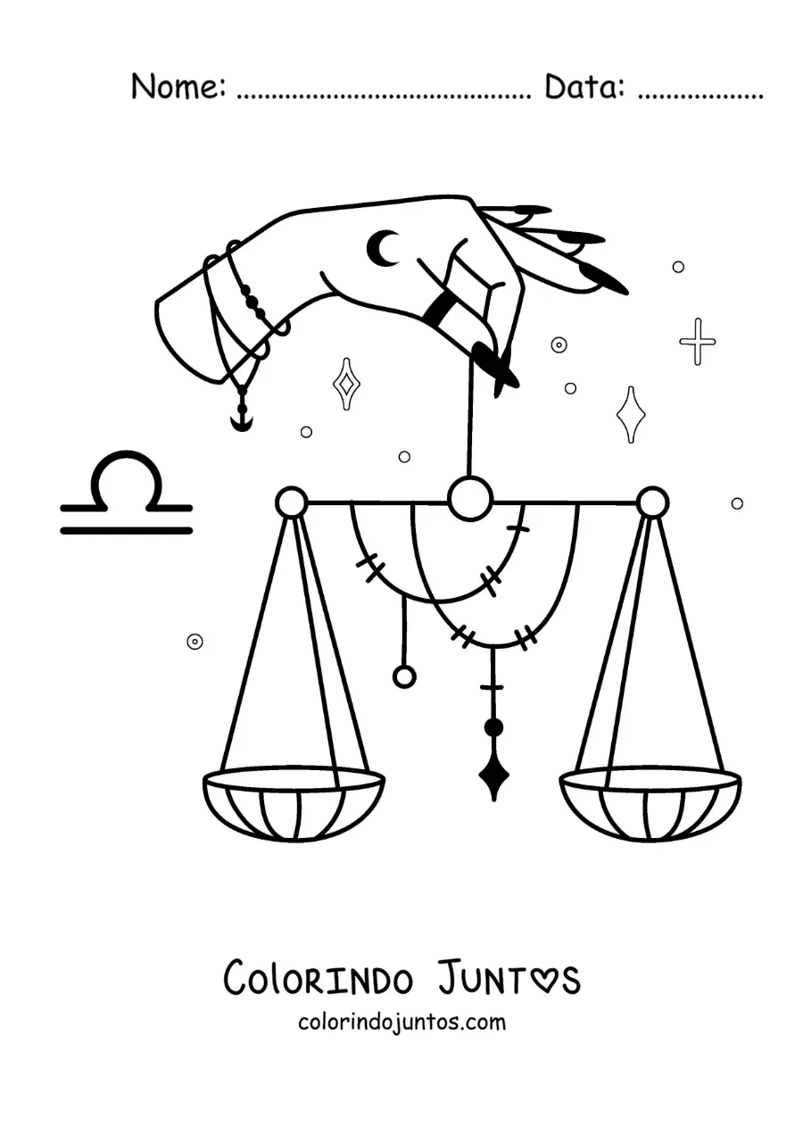 Desenho para colorir de uma mão segurando a balança do signo de Libra