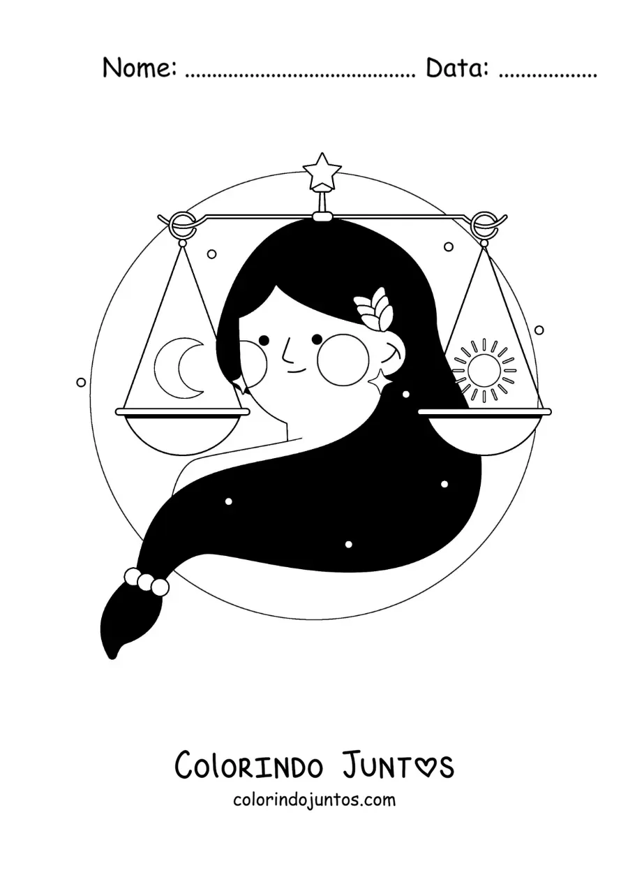 Desenho para colorir de mulher do signo do zodíaco Libra com seu símbolo