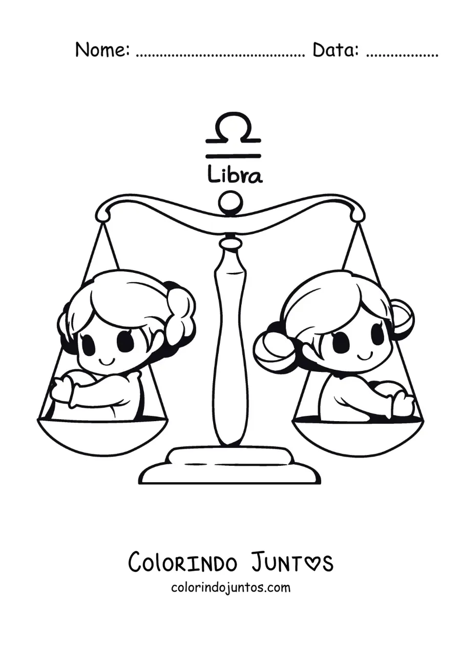Desenho para colorir de símbolo do signo de Libra com duas meninas kawaii animadas