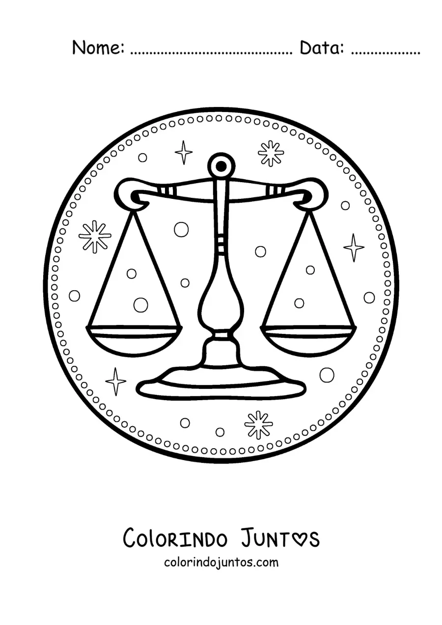 Desenho para colorir de balança do signo de Libra com estrelas