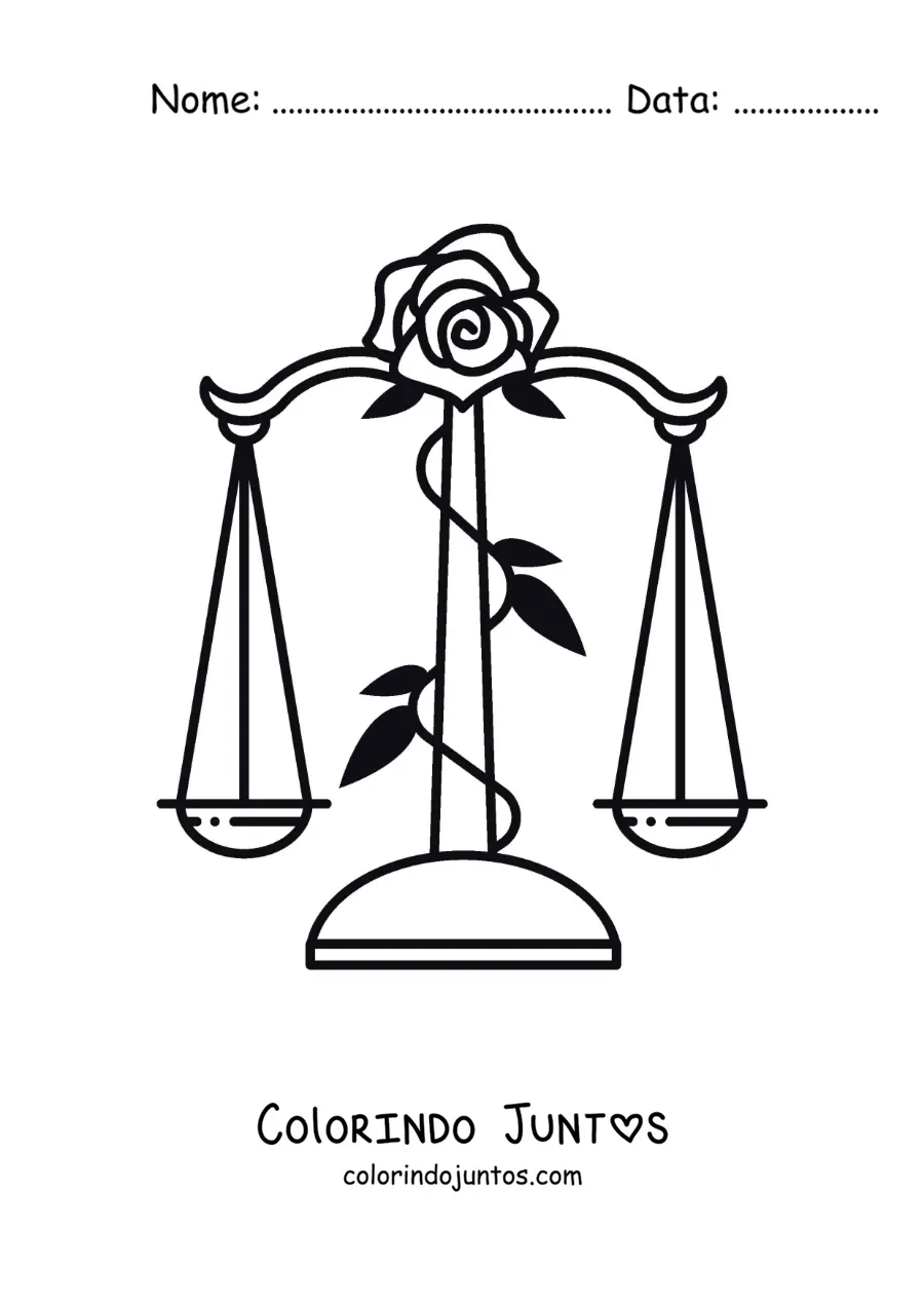 Desenho para colorir de balança do signo de Libra com uma rosa