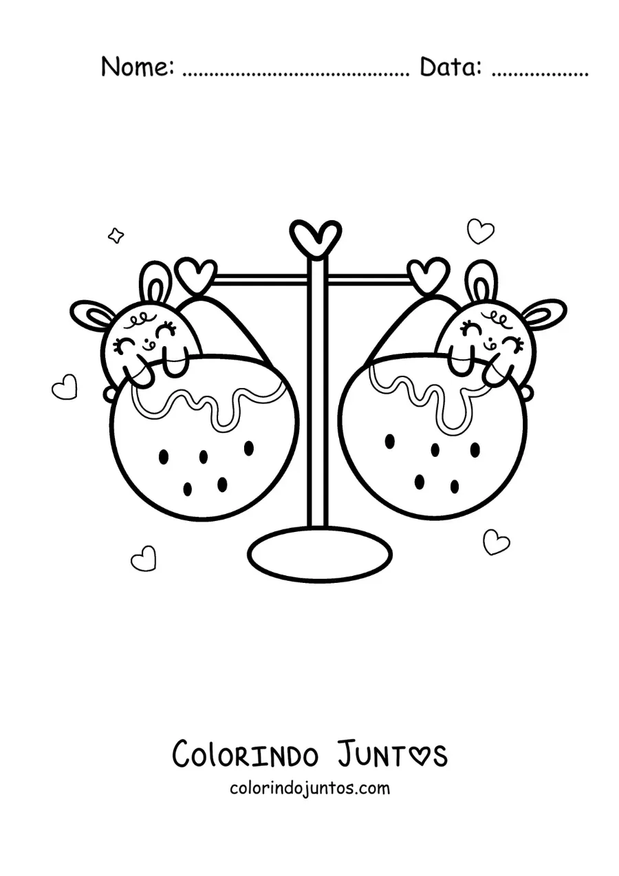 Desenho para colorir de coelhos kawaii animados do signo de Libra