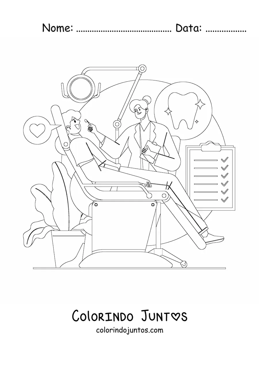 Desenho para colorir de uma dentista e um paciente no consultório odontológico
