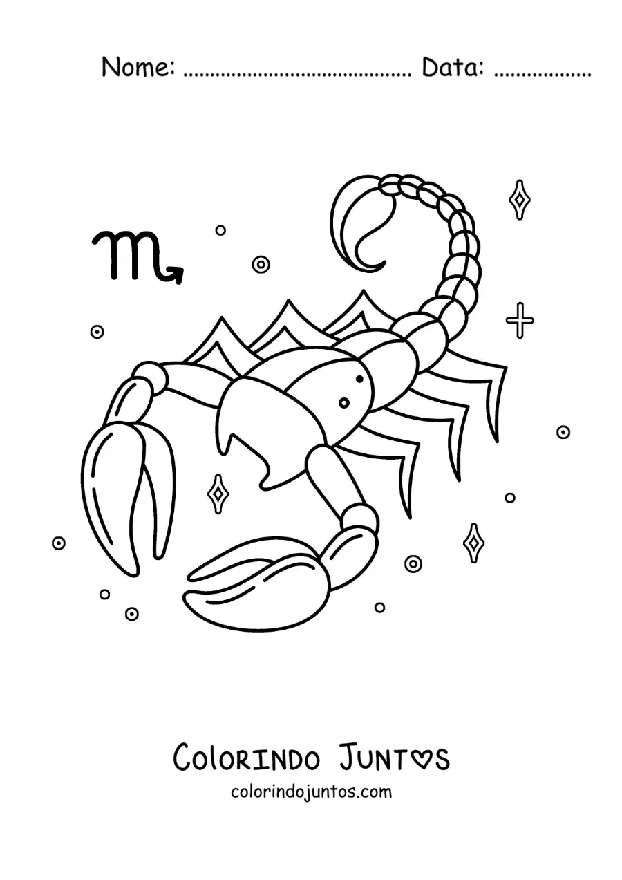 Desenho para colorir de escorpião do signo de Escorpião com seu símbolo e estrelas
