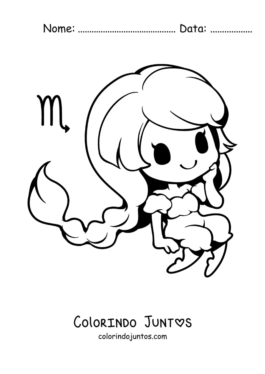 Desenho para colorir de menina kawaii animada do signo de Escorpião