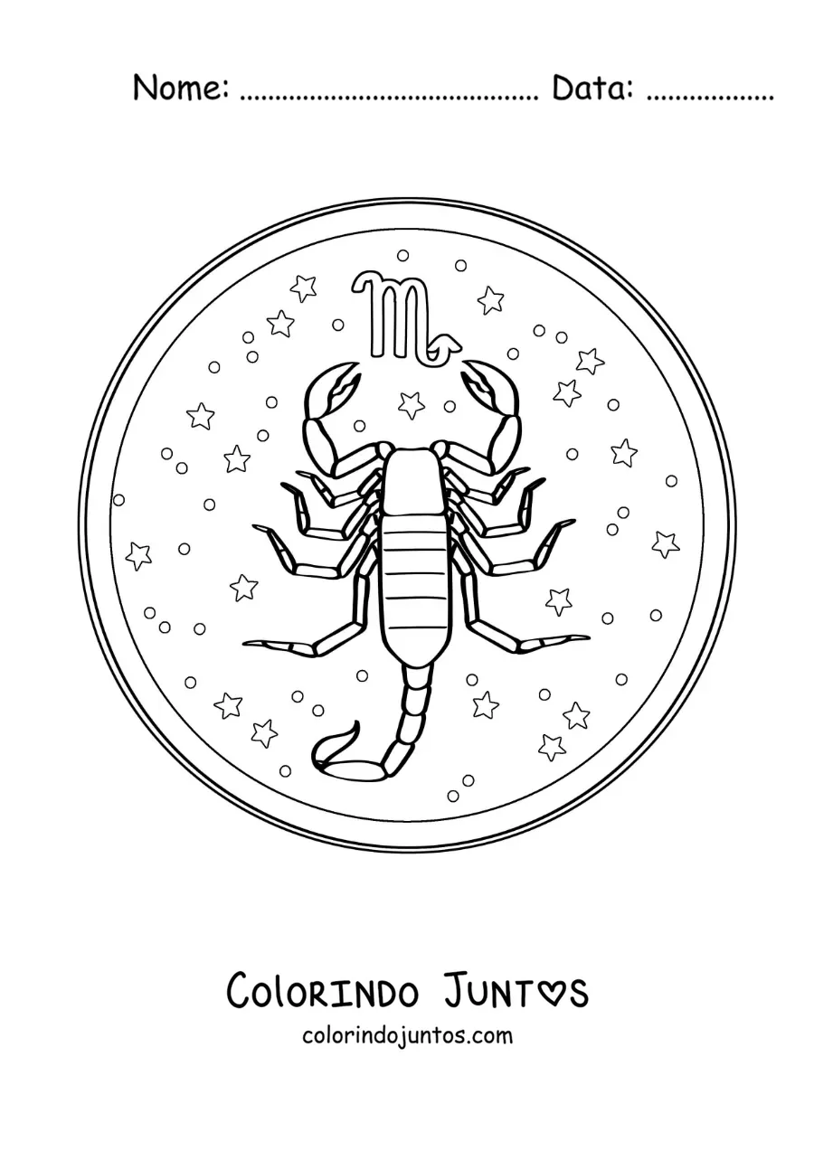 Desenho para colorir do signo do zodíaco Escorpião com seu símbolo e estrelas