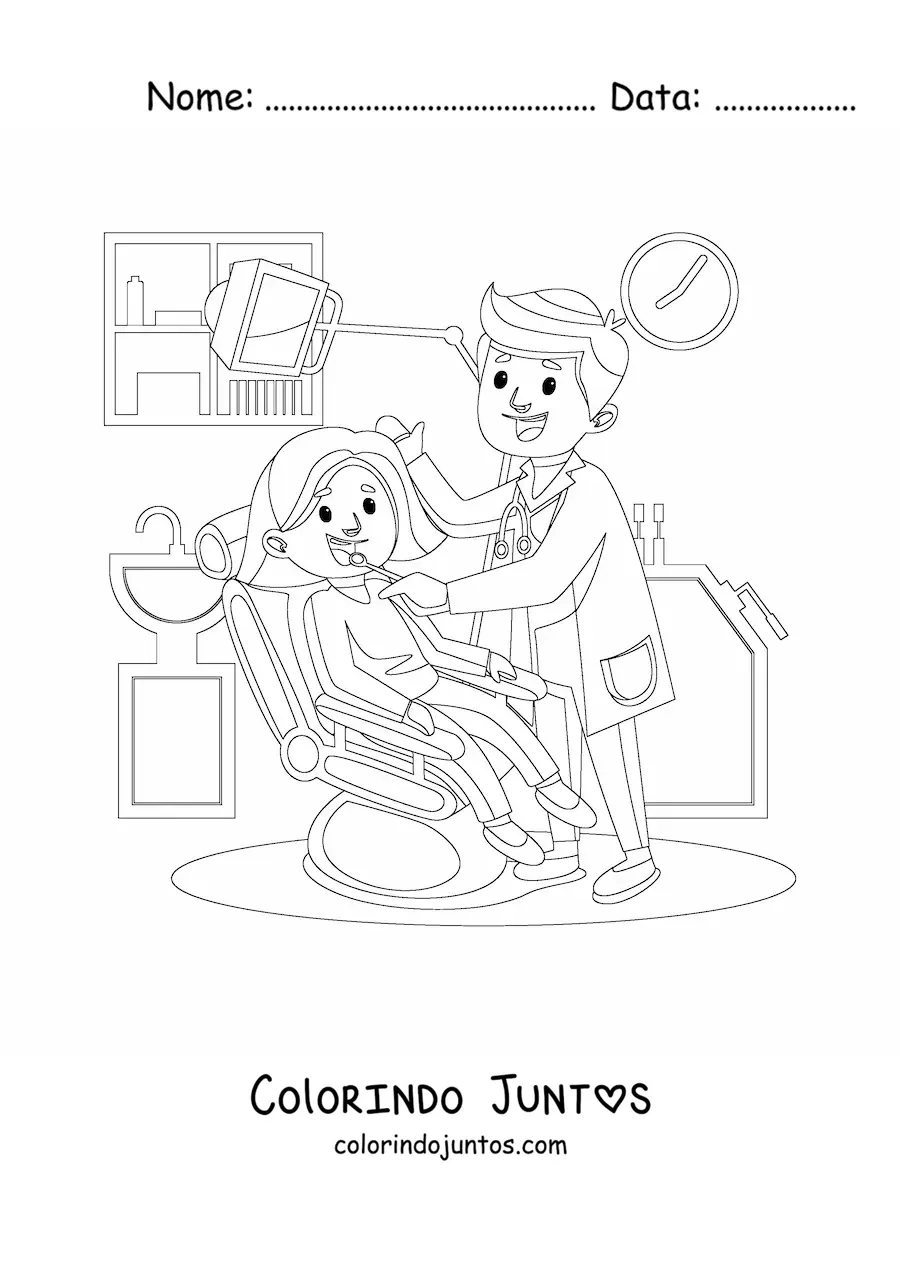 Desenho para colorir de um dentista e uma paciente feliz no consultório
