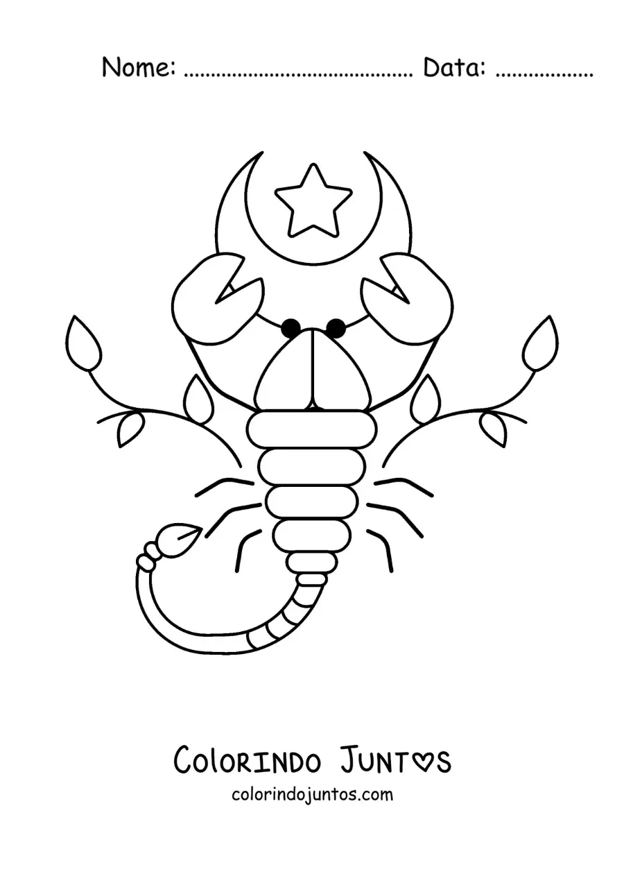 Desenho para colorir do signo de Escorpião animado com uma lua e folhas