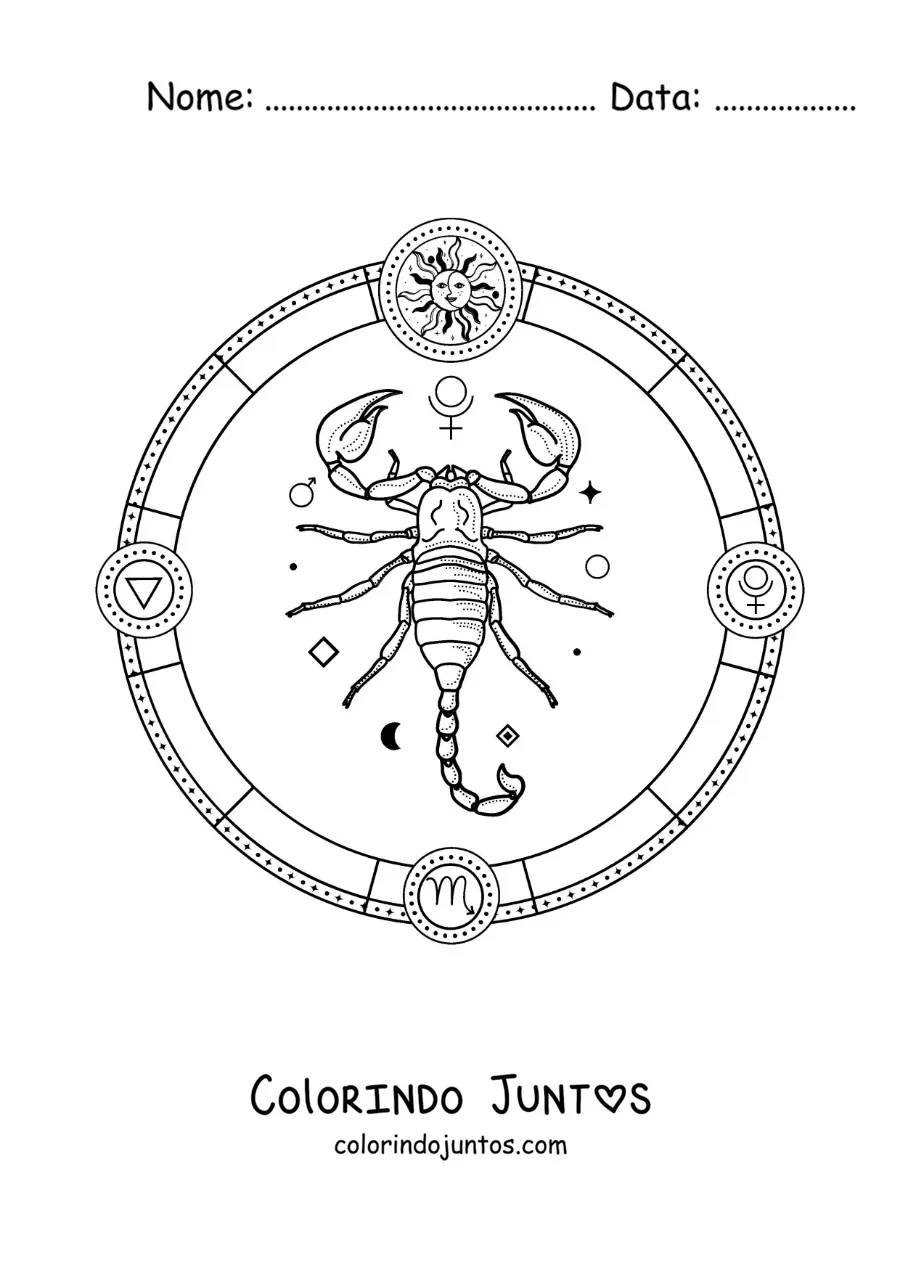 Desenho para colorir do signo astrológico de Escorpião com seus símbolos