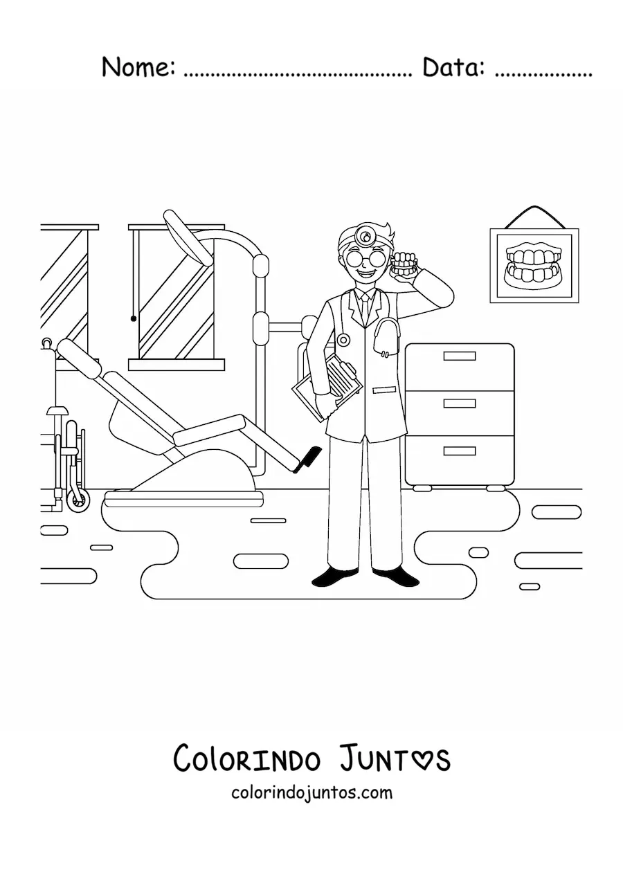 Desenho para colorir de um dentista no consultório odontológico