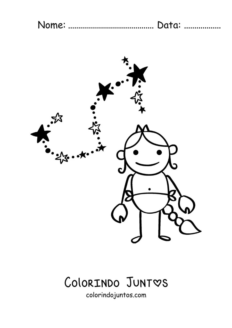 Desenho para colorir de desenho animado do signo de Escorpião com sua constelação