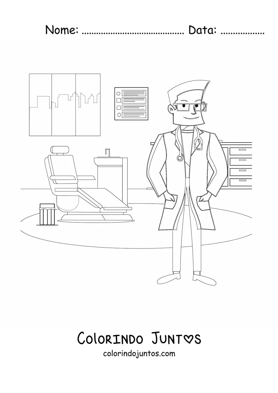 Desenho para colorir de um dentista em seu consultório odontológico