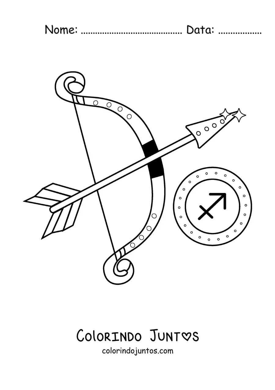 Desenho para colorir de arco e flecha com o símbolo de Sagitário
