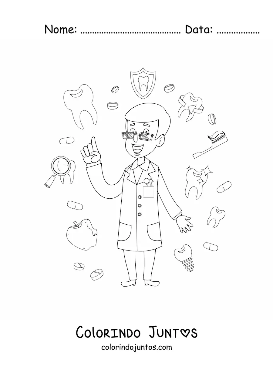Desenho para colorir de um dentista conscientizando sobre a higiene dental
