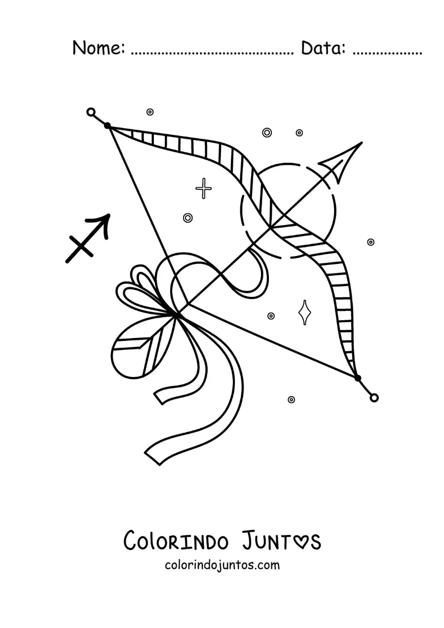 Desenho para colorir de arco e flecha de Sagitário com seu símbolo e estrelas