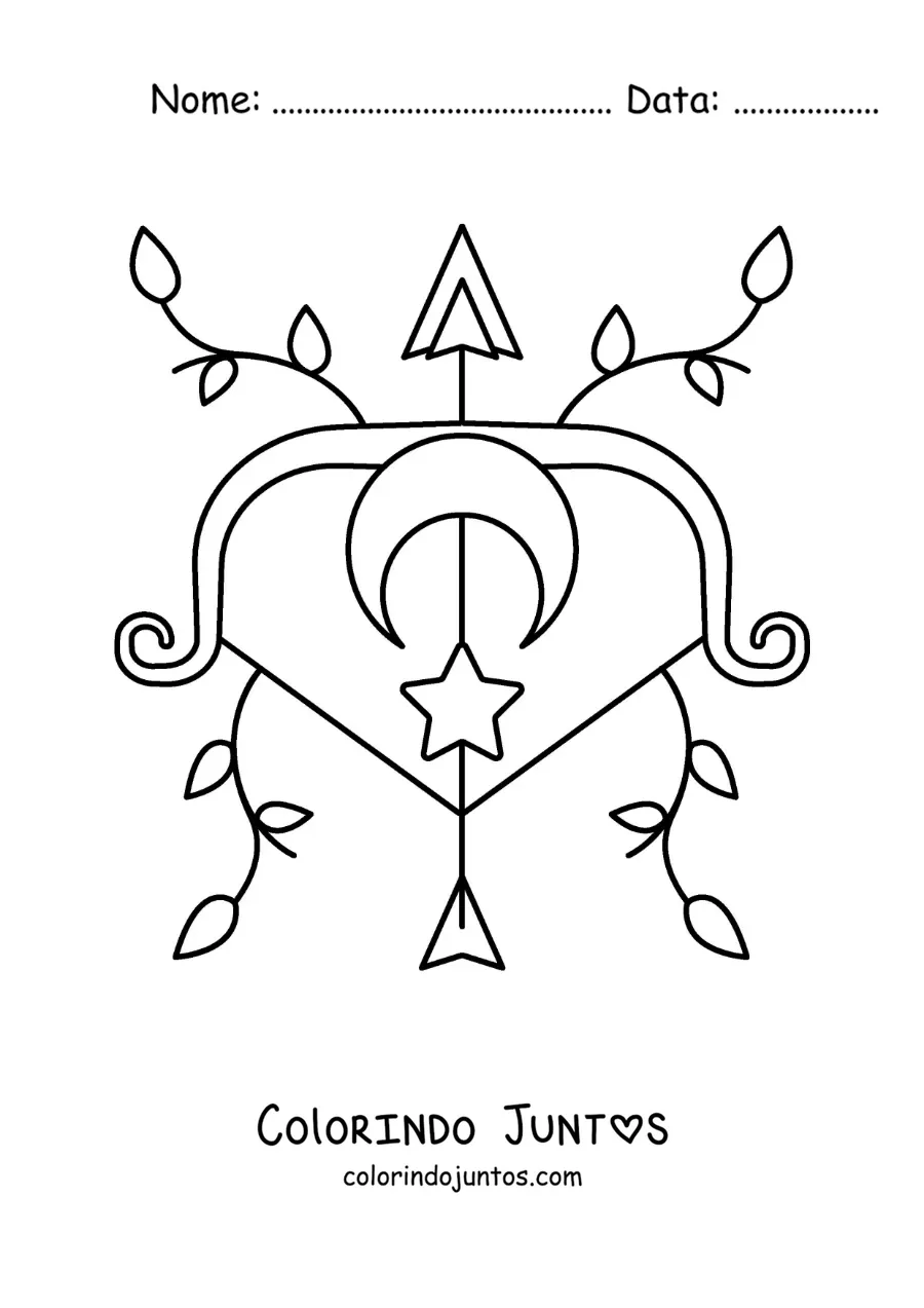 Desenho para colorir de símbolo de Sagitário animado com folhas e astros