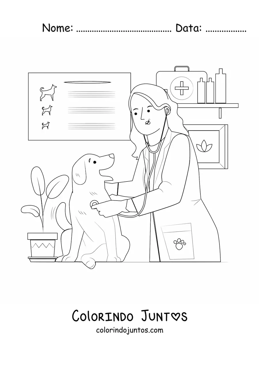 Desenho para colorir de uma veterinária examinando um cachorro