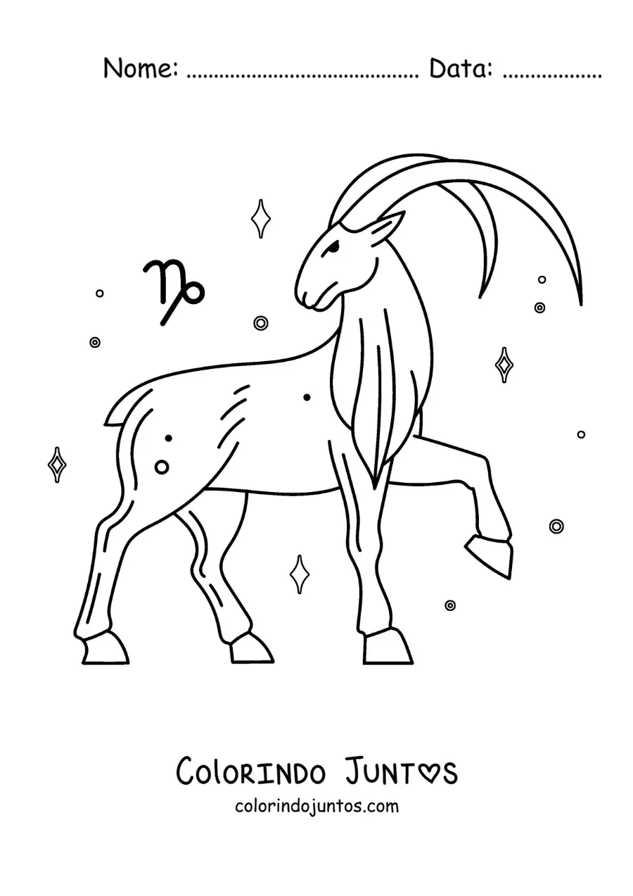 Desenho para colorir da cabra de Capricórnio animada com o seu símbolo e estrelas