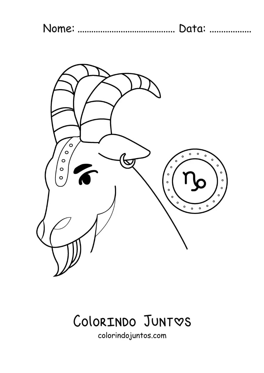 Desenho para colorir da cabra do signo de Capricórnio animada com o seu símbolo
