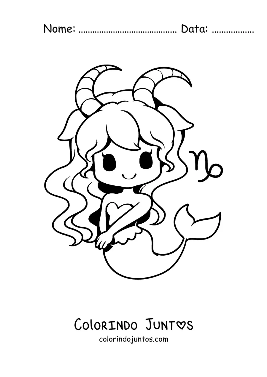 Desenho para colorir de uma menina kawaii animada da mitologia do signo de Capricórnio