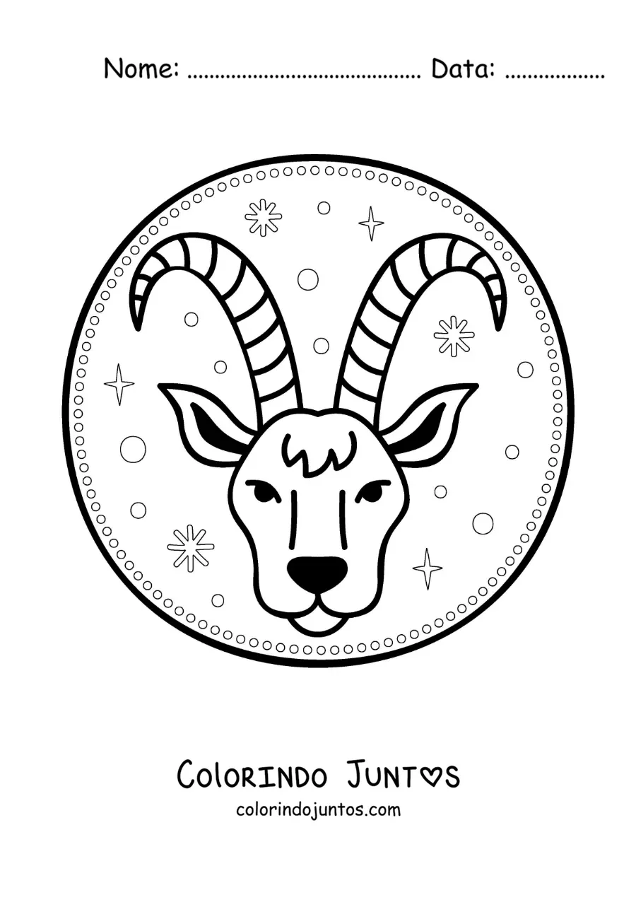 Desenho para colorir de símbolo do signo do zodíaco Capricórnio animado com estrelas